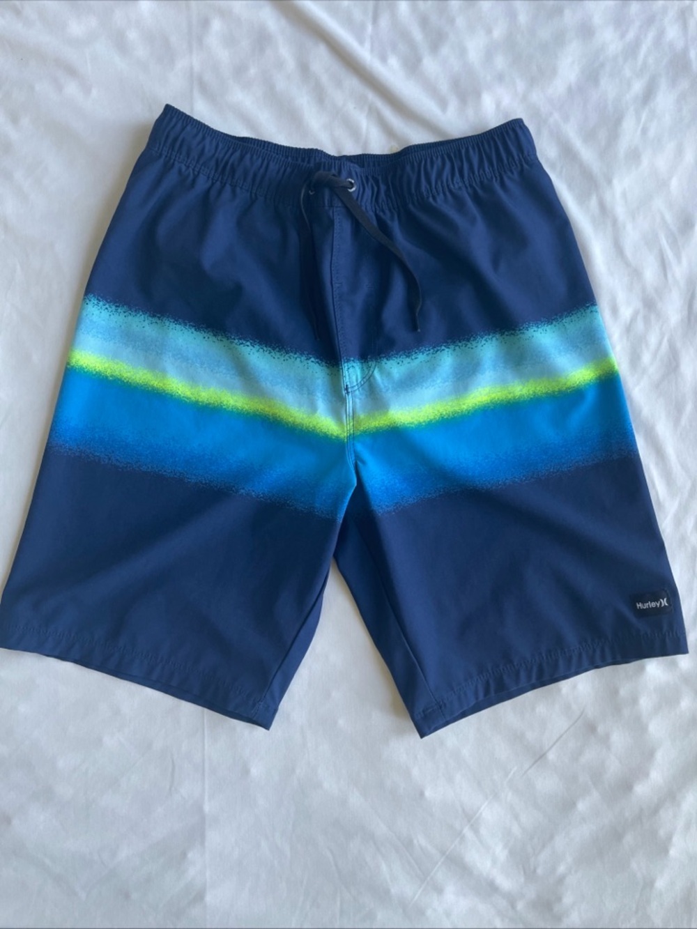 Hurley Men’s Navy Swim Board Shorts with Blue and Neon Yellow Stripe